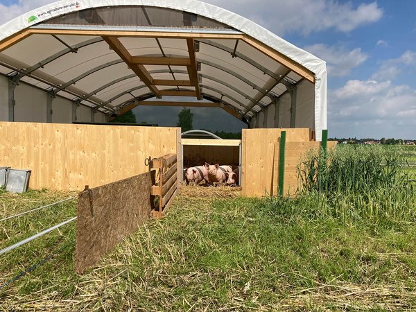 Unsere Rundbogenhalle als mobiler Stall für BIO-Strohschweine Unsere Rundbogenhalle als mobiler Stall für BIO-Strohschweine